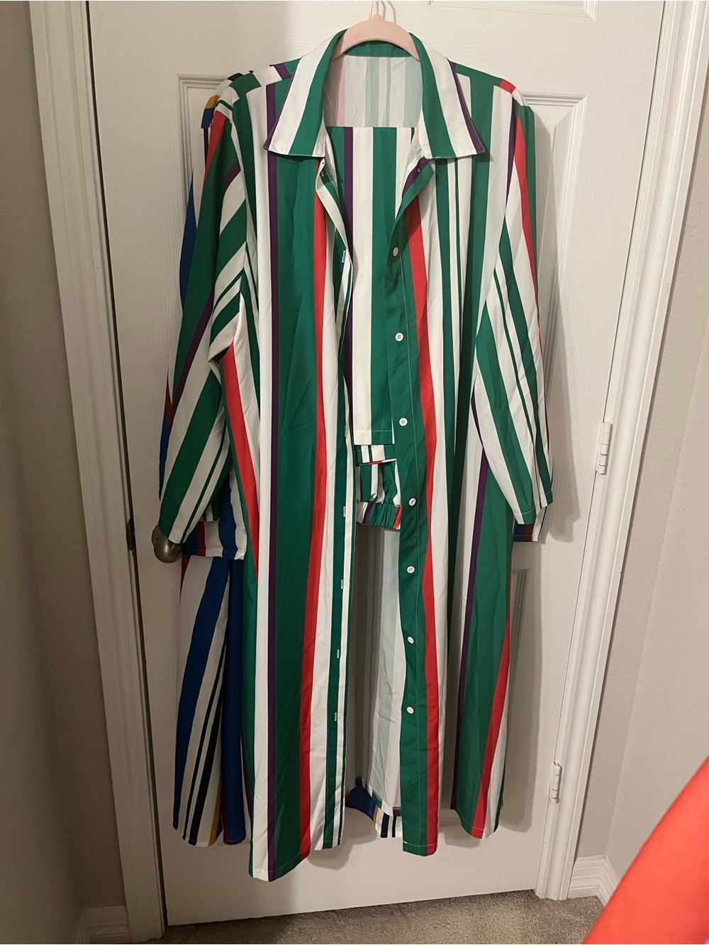 Green Multi-Stripe Longline Shirt Duster and Matching Pants